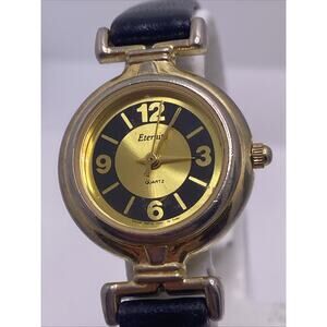 Eternity Gold Tone Vintage Womens Black Leather Watch Works New Battery